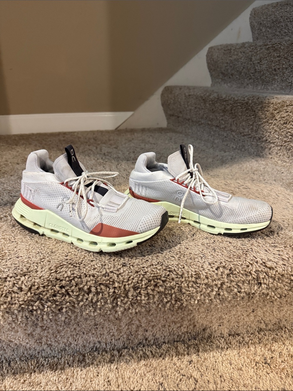 On Running Women's White, Red & Light Green Cloudnova Athletic Shoes - Picture 4 of 8